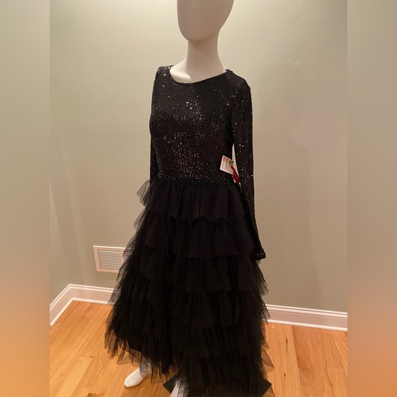 Ieena for Mac Duggal Sequin Bodice Long-Sleeve Ruffle Tiered Midi dress - Picture 9 of 13